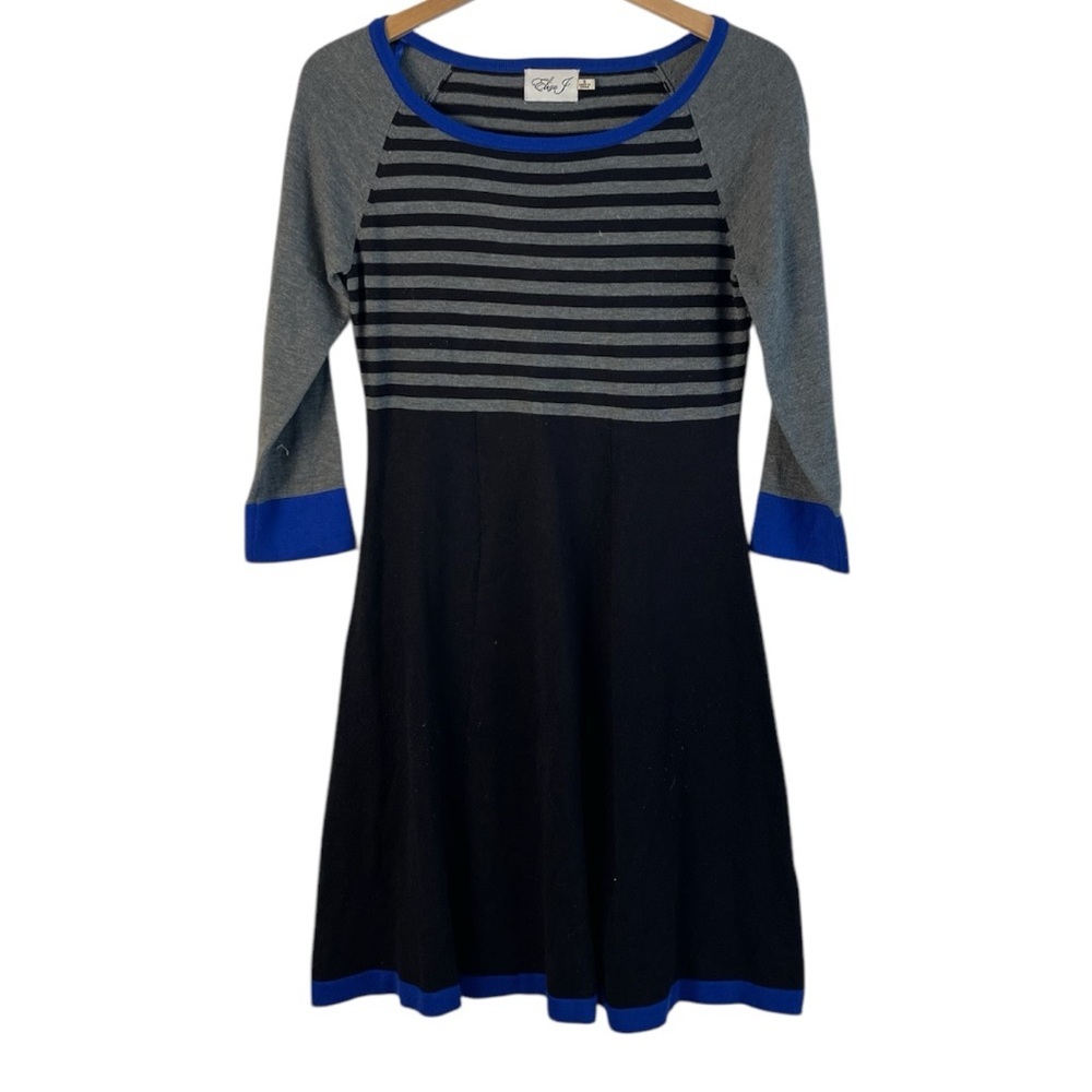 Eliza J Sweater Dress Fit & Flare Striped Small Black Long Sleeve Knit Chic EUC!